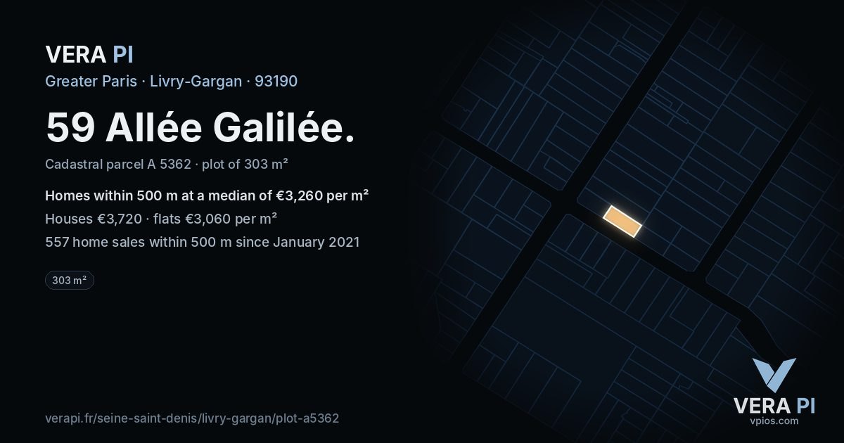 59 Allée Galilée, Livry-Gargan at night – the plot lit, the parcels around coloured by the prices near them
