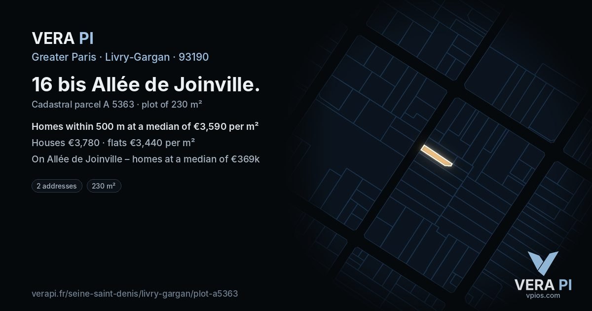 16 bis Allée de Joinville, Livry-Gargan at night – the plot lit, the parcels around coloured by the prices near them