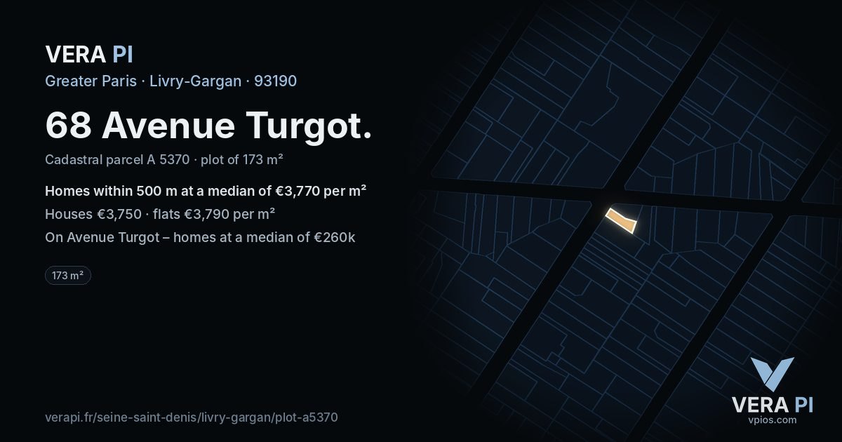 68 Avenue Turgot, Livry-Gargan at night – the plot lit, the parcels around coloured by the prices near them
