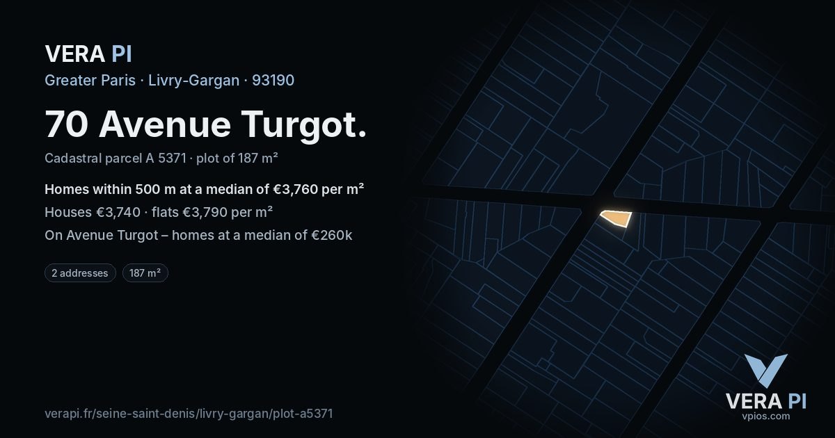 70 Avenue Turgot, Livry-Gargan at night – the plot lit, the parcels around coloured by the prices near them