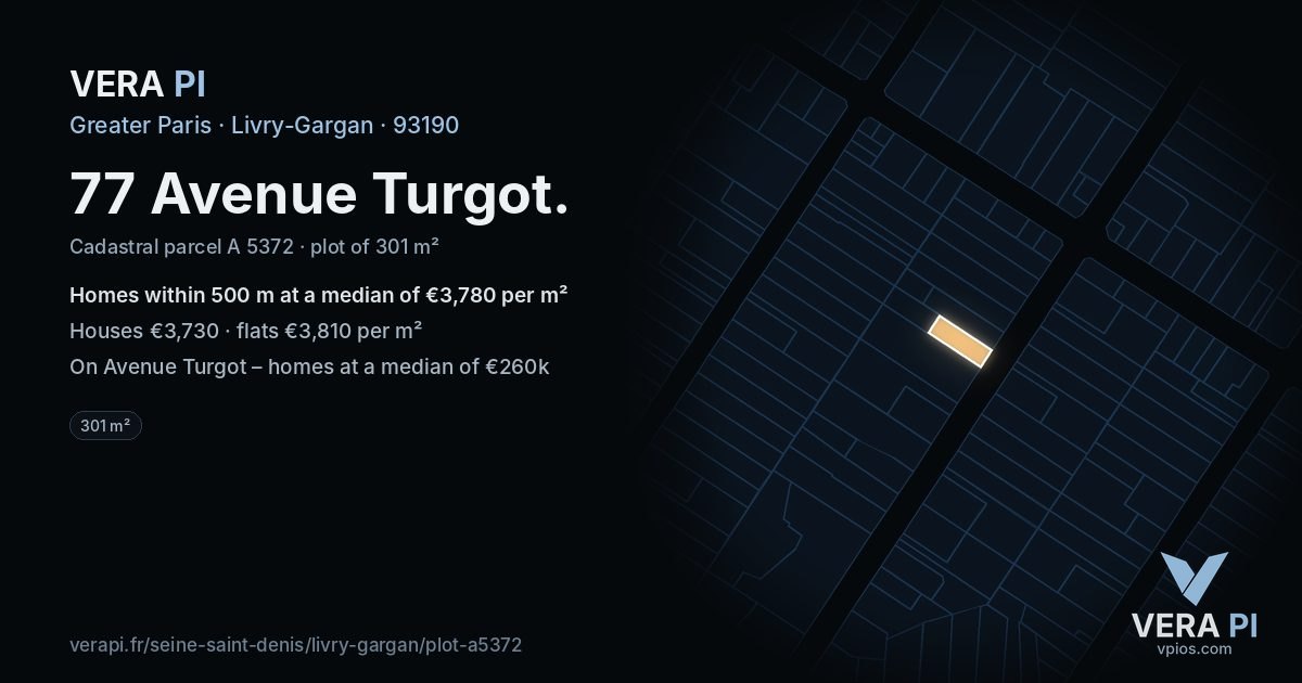 77 Avenue Turgot, Livry-Gargan at night – the plot lit, the parcels around coloured by the prices near them