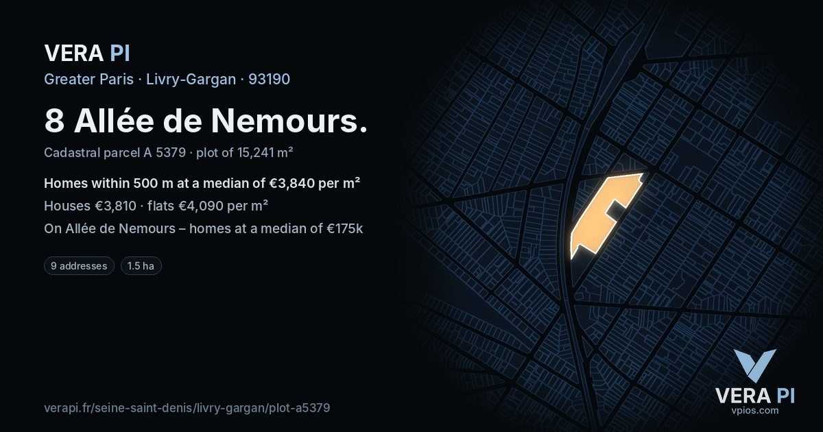 8 Allée de Nemours, Livry-Gargan at night – the plot lit, the parcels around coloured by the prices near them
