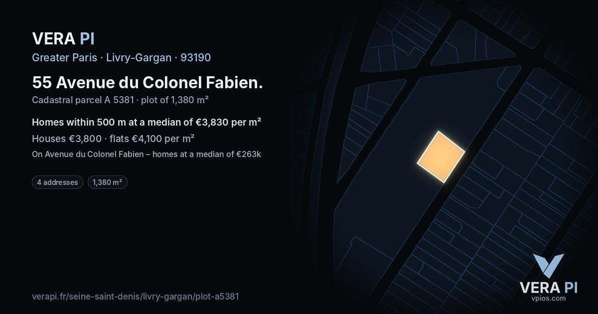 55 Avenue du Colonel Fabien, Livry-Gargan at night – the plot lit, the parcels around coloured by the prices near them