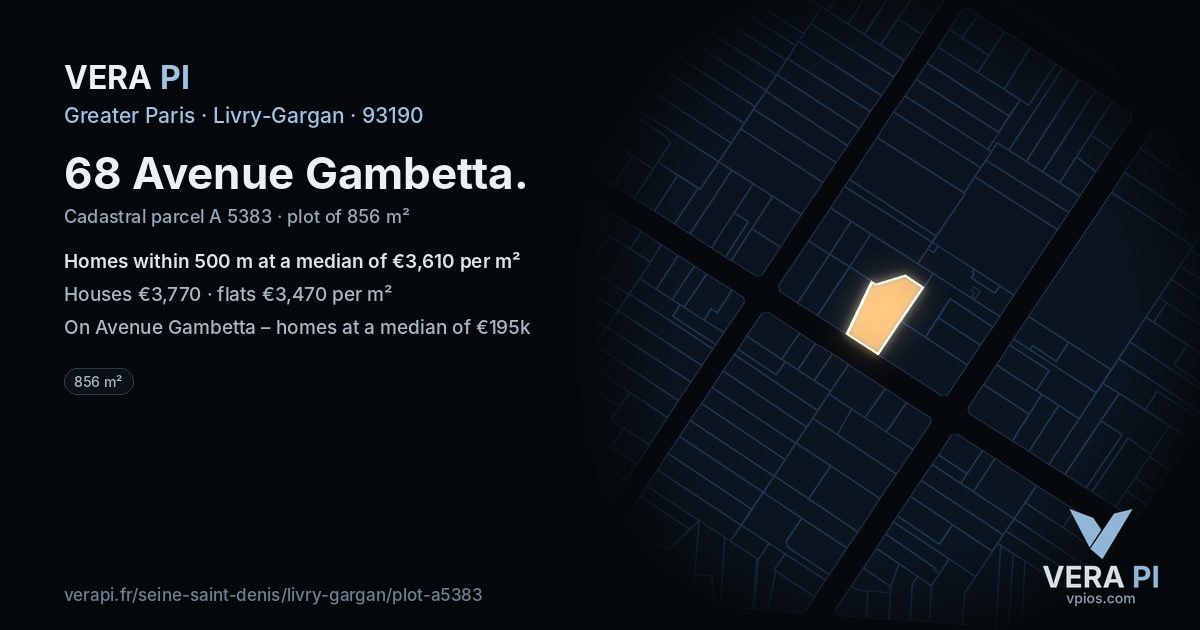 68 Avenue Gambetta, Livry-Gargan at night – the plot lit, the parcels around coloured by the prices near them