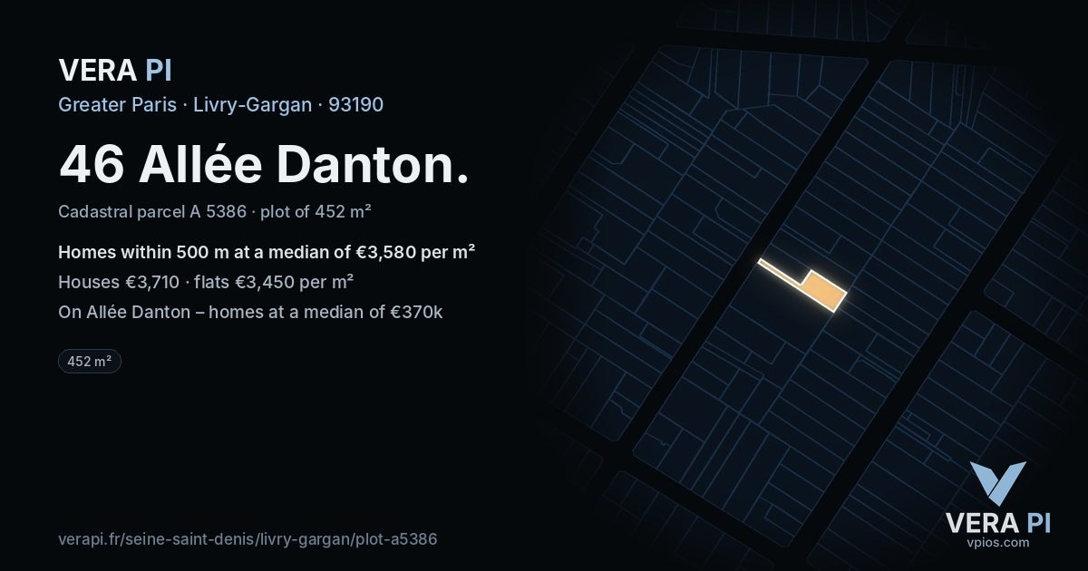 46 Allée Danton, Livry-Gargan at night – the plot lit, the parcels around coloured by the prices near them