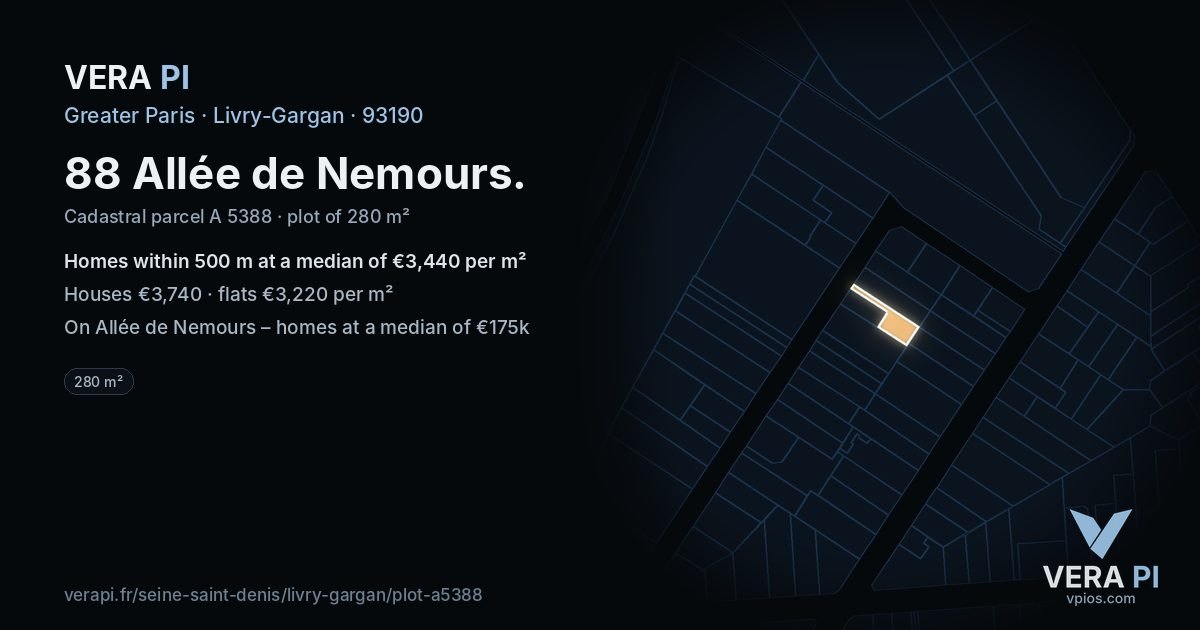 88 Allée de Nemours, Livry-Gargan at night – the plot lit, the parcels around coloured by the prices near them