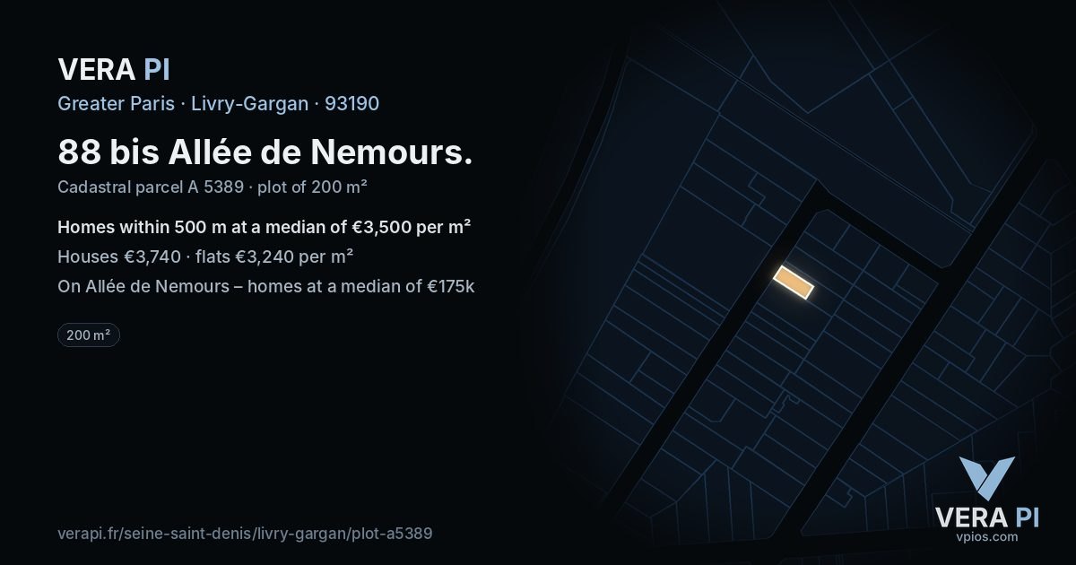 88 bis Allée de Nemours, Livry-Gargan at night – the plot lit, the parcels around coloured by the prices near them