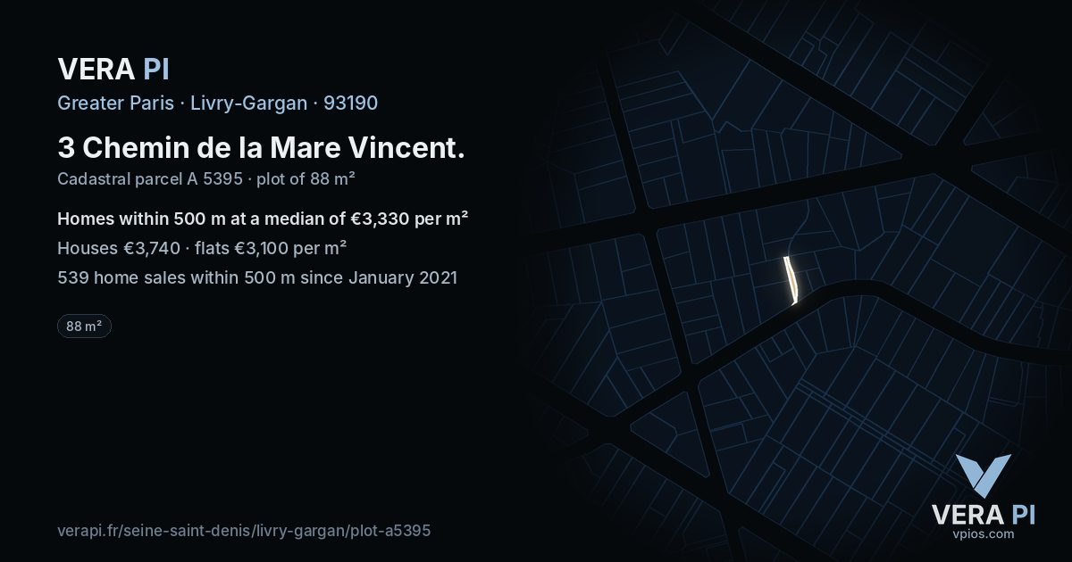 3 Chemin de la Mare Vincent, Livry-Gargan at night – the plot lit, the parcels around coloured by the prices near them