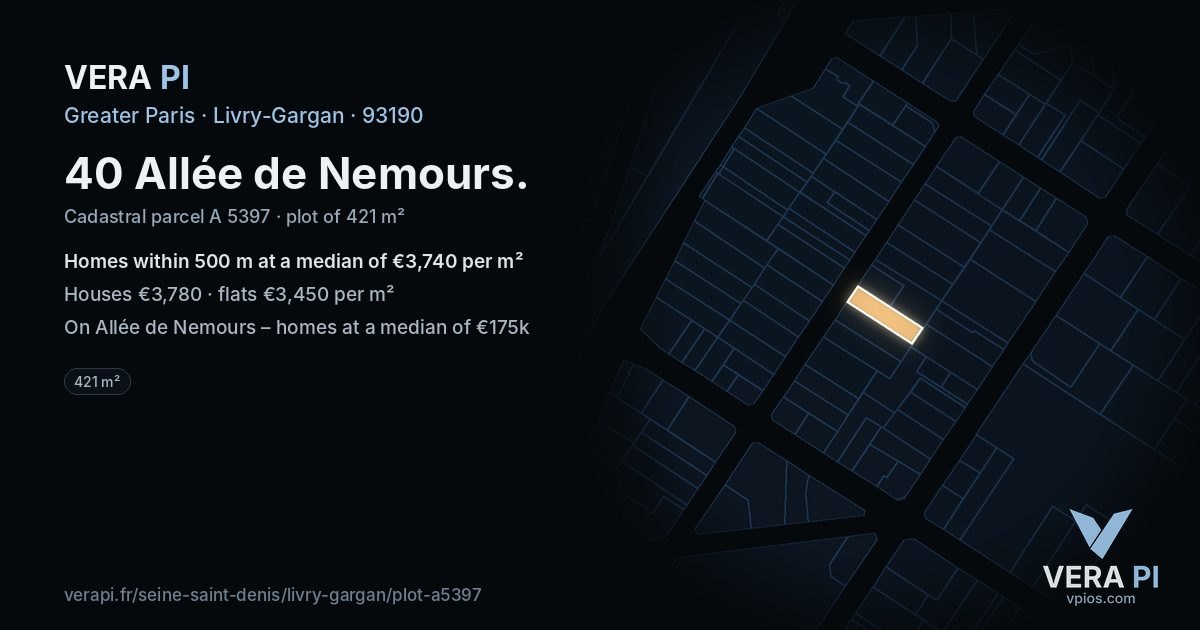 40 Allée de Nemours, Livry-Gargan at night – the plot lit, the parcels around coloured by the prices near them