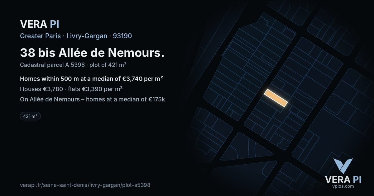 38 bis Allée de Nemours, Livry-Gargan at night – the plot lit, the parcels around coloured by the prices near them