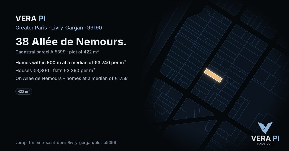 38 Allée de Nemours, Livry-Gargan at night – the plot lit, the parcels around coloured by the prices near them