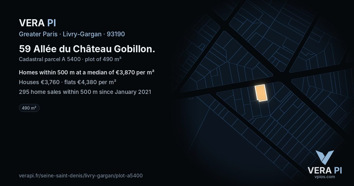 59 Allée du Château Gobillon, Livry-Gargan at night – the plot lit, the parcels around coloured by the prices near them