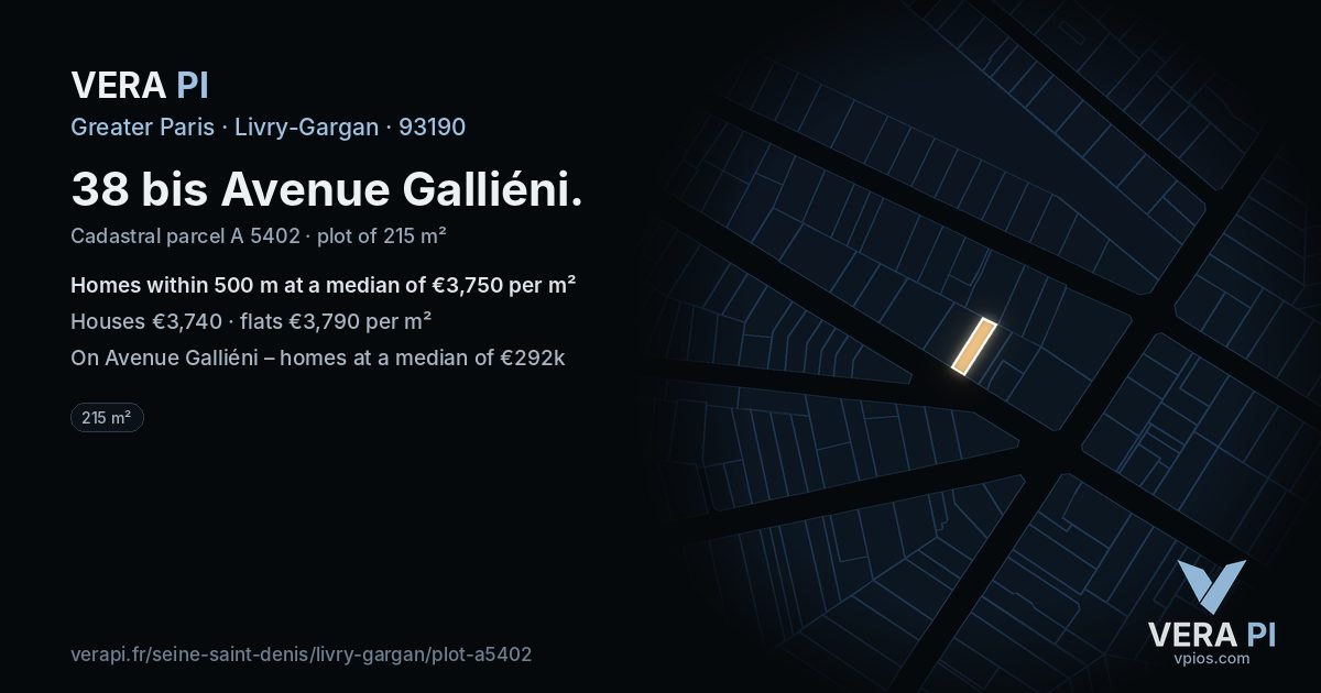 38 bis Avenue Galliéni, Livry-Gargan at night – the plot lit, the parcels around coloured by the prices near them