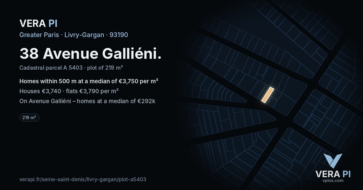 38 Avenue Galliéni, Livry-Gargan at night – the plot lit, the parcels around coloured by the prices near them