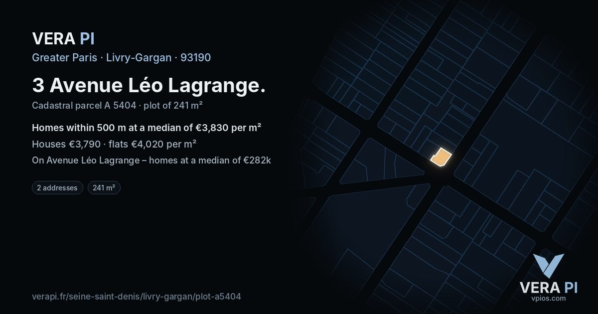 3 Avenue Léo Lagrange, Livry-Gargan at night – the plot lit, the parcels around coloured by the prices near them
