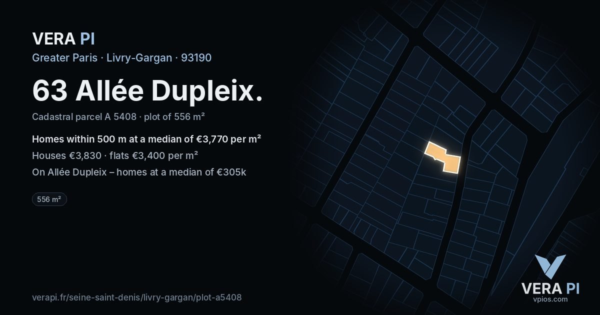 63 Allée Dupleix, Livry-Gargan at night – the plot lit, the parcels around coloured by the prices near them