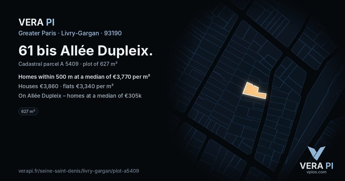 61 bis Allée Dupleix, Livry-Gargan at night – the plot lit, the parcels around coloured by the prices near them