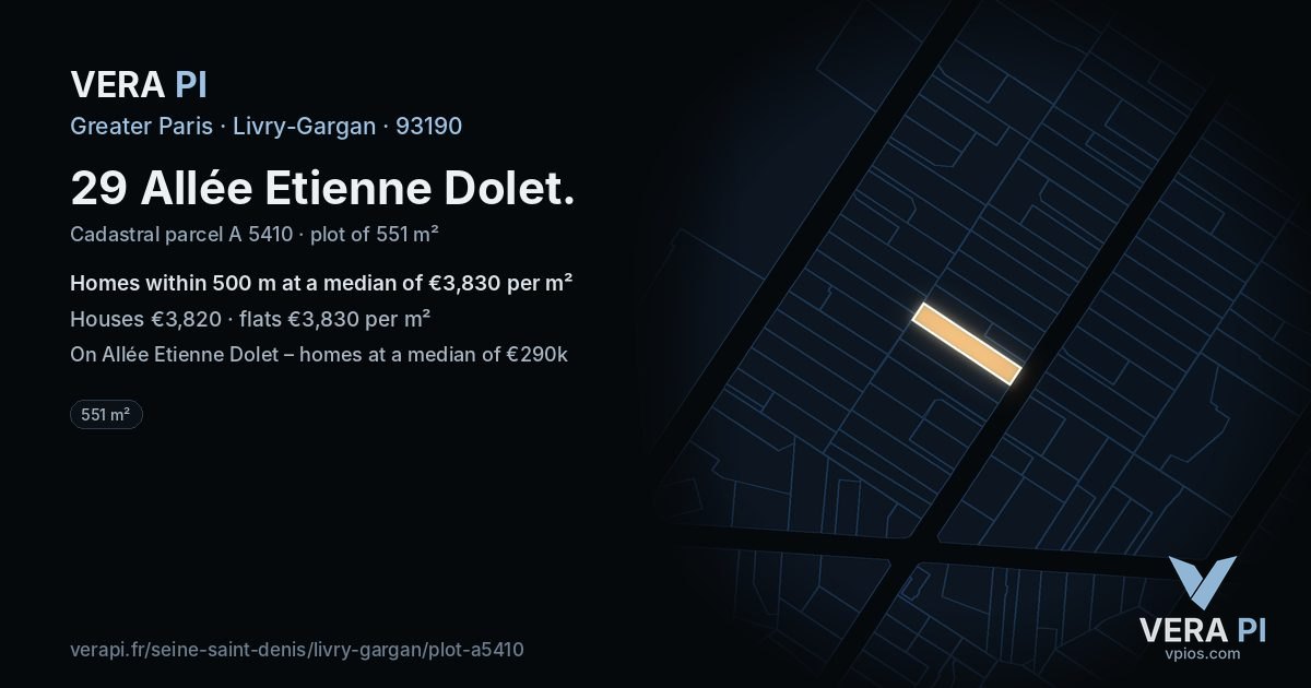 29 Allée Etienne Dolet, Livry-Gargan at night – the plot lit, the parcels around coloured by the prices near them