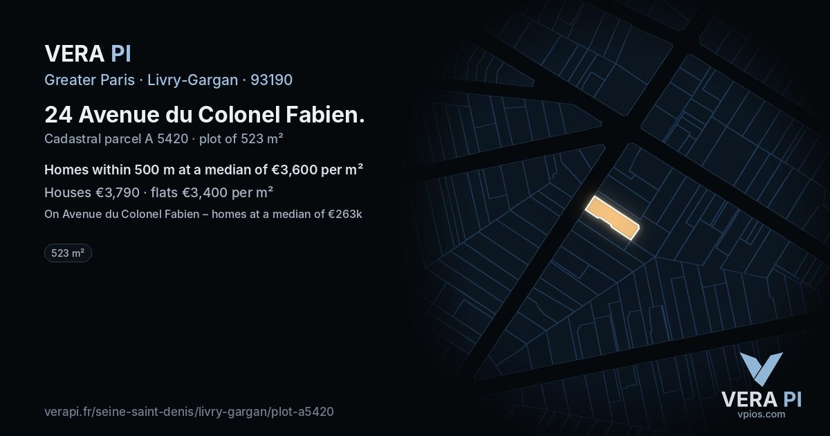 24 Avenue du Colonel Fabien, Livry-Gargan at night – the plot lit, the parcels around coloured by the prices near them