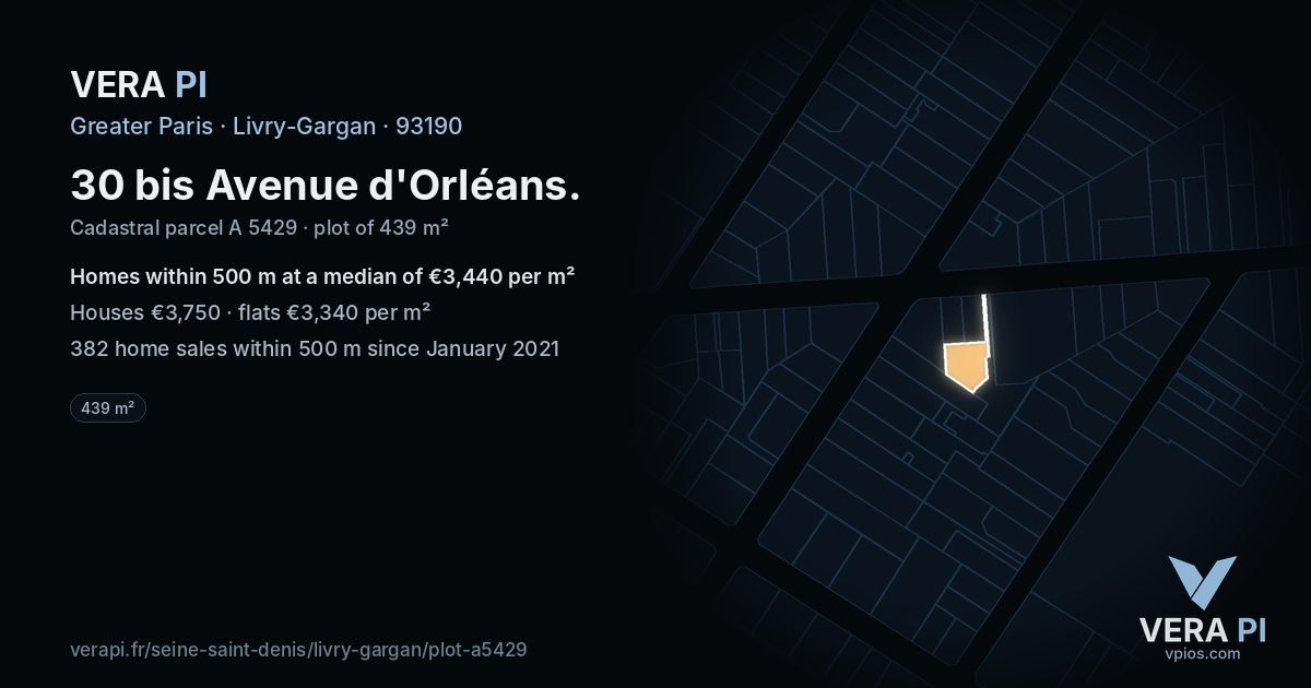 30 bis Avenue d'Orléans, Livry-Gargan at night – the plot lit, the parcels around coloured by the prices near them