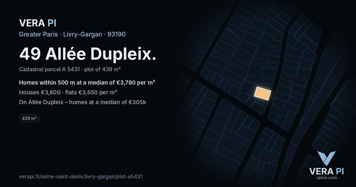 49 Allée Dupleix, Livry-Gargan at night – the plot lit, the parcels around coloured by the prices near them