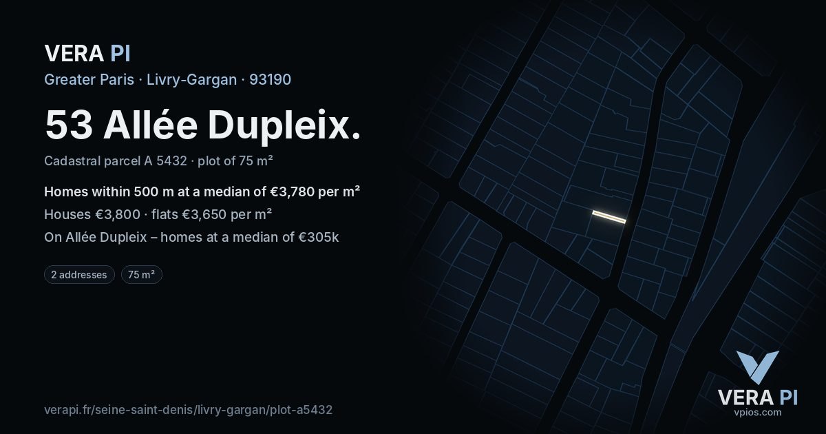 53 Allée Dupleix, Livry-Gargan at night – the plot lit, the parcels around coloured by the prices near them