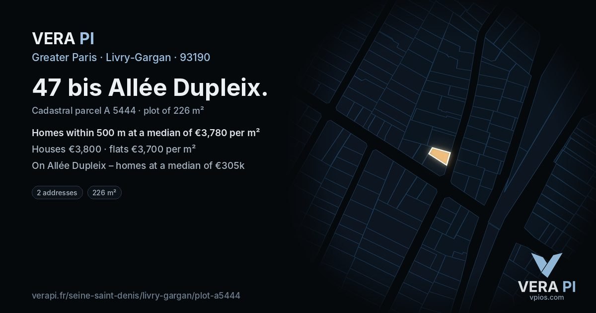 47 bis Allée Dupleix, Livry-Gargan at night – the plot lit, the parcels around coloured by the prices near them