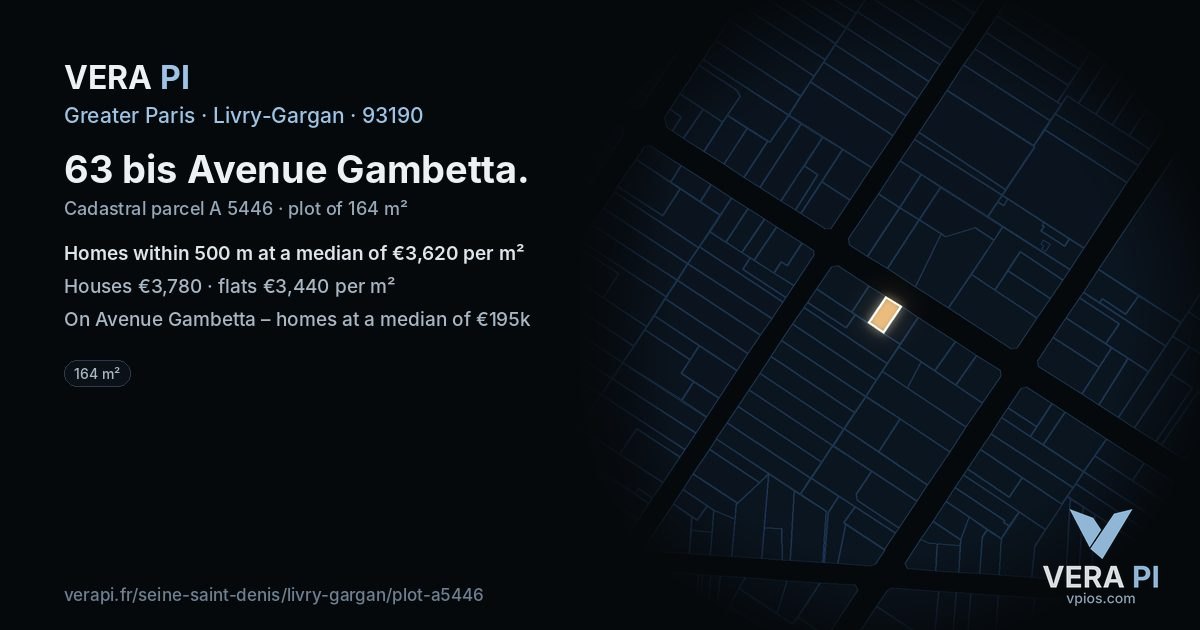 63 bis Avenue Gambetta, Livry-Gargan at night – the plot lit, the parcels around coloured by the prices near them