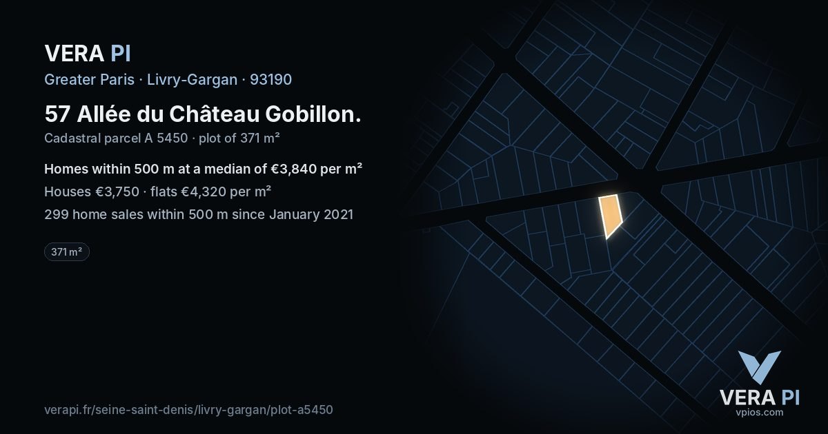 57 Allée du Château Gobillon, Livry-Gargan at night – the plot lit, the parcels around coloured by the prices near them