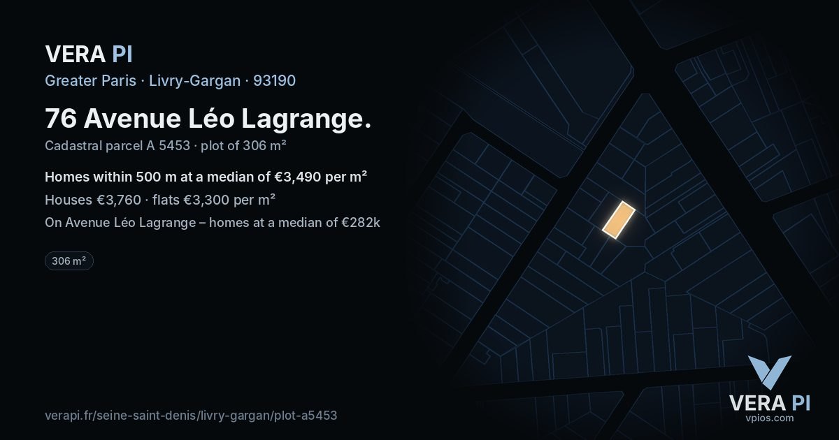 76 Avenue Léo Lagrange, Livry-Gargan at night – the plot lit, the parcels around coloured by the prices near them