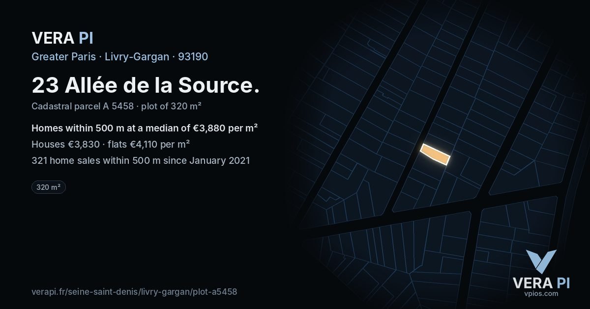 23 Allée de la Source, Livry-Gargan at night – the plot lit, the parcels around coloured by the prices near them