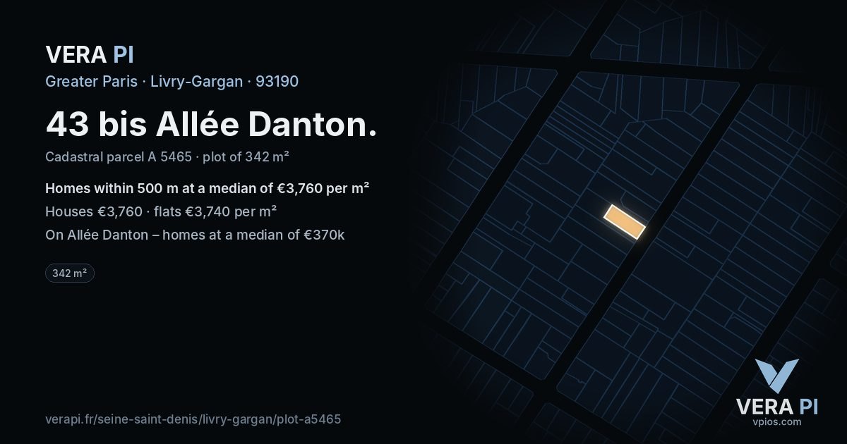 43 bis Allée Danton, Livry-Gargan at night – the plot lit, the parcels around coloured by the prices near them