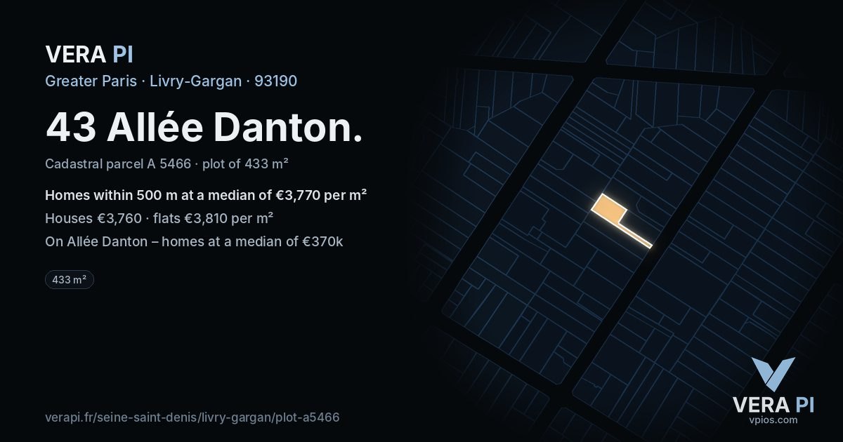 43 Allée Danton, Livry-Gargan at night – the plot lit, the parcels around coloured by the prices near them