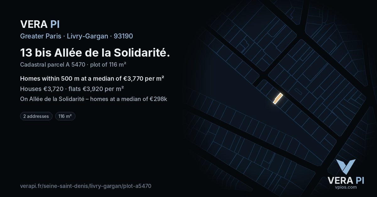 13 bis Allée de la Solidarité, Livry-Gargan at night – the plot lit, the parcels around coloured by the prices near them