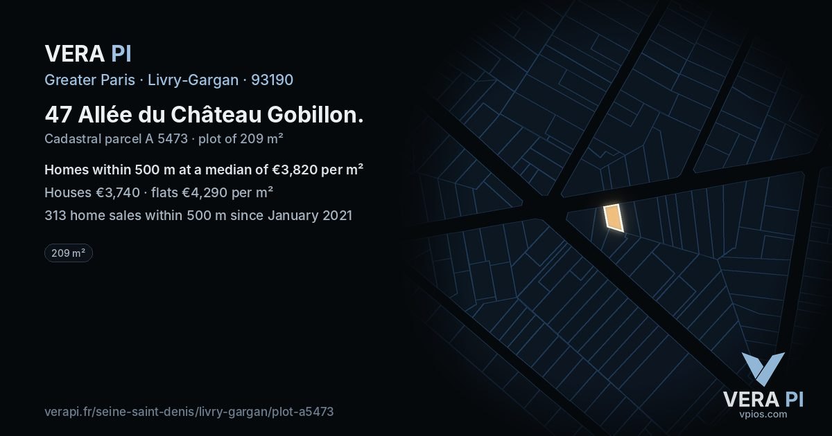 47 Allée du Château Gobillon, Livry-Gargan at night – the plot lit, the parcels around coloured by the prices near them