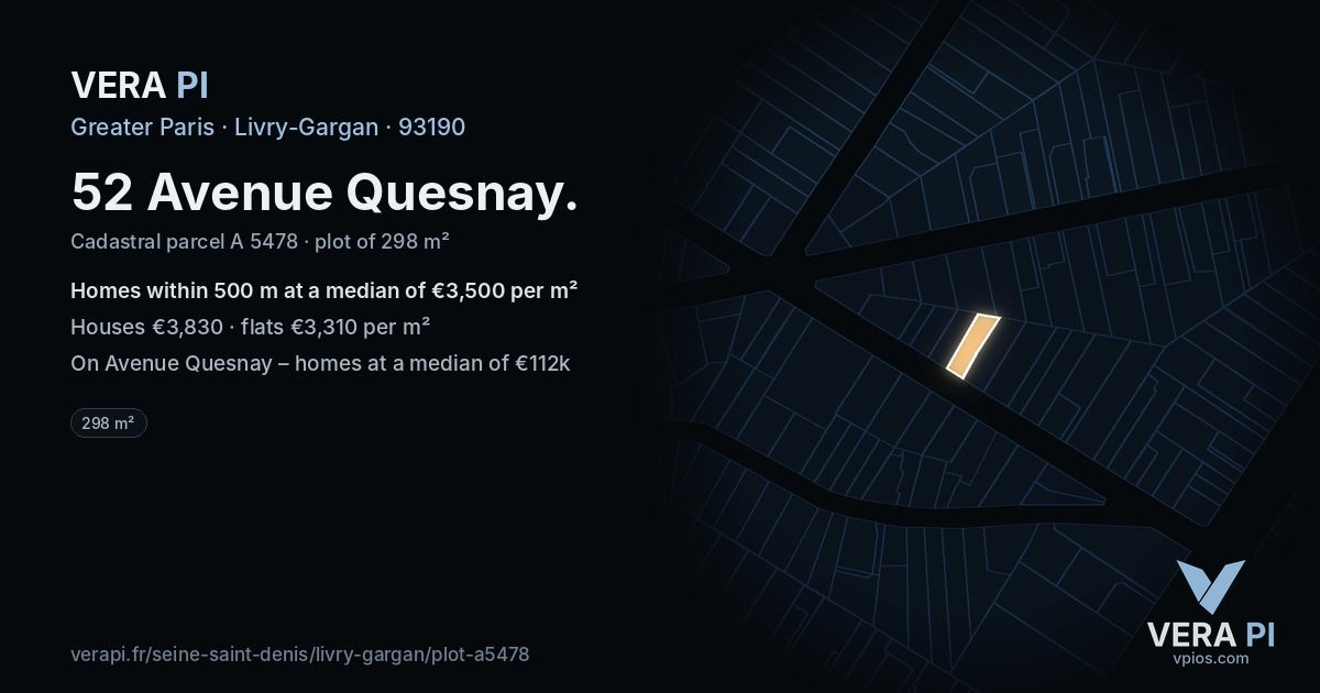 52 Avenue Quesnay, Livry-Gargan at night – the plot lit, the parcels around coloured by the prices near them