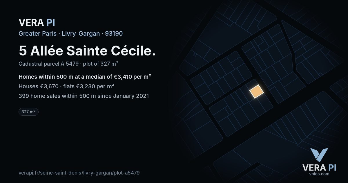 5 Allée Sainte Cécile, Livry-Gargan at night – the plot lit, the parcels around coloured by the prices near them