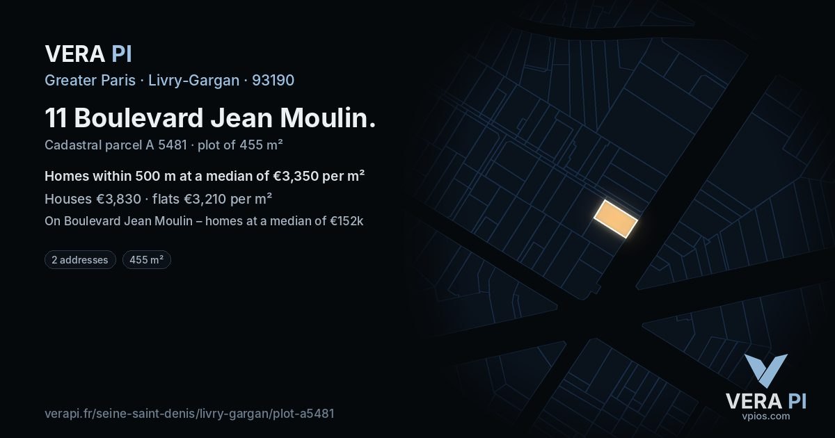 11 Boulevard Jean Moulin, Livry-Gargan at night – the plot lit, the parcels around coloured by the prices near them