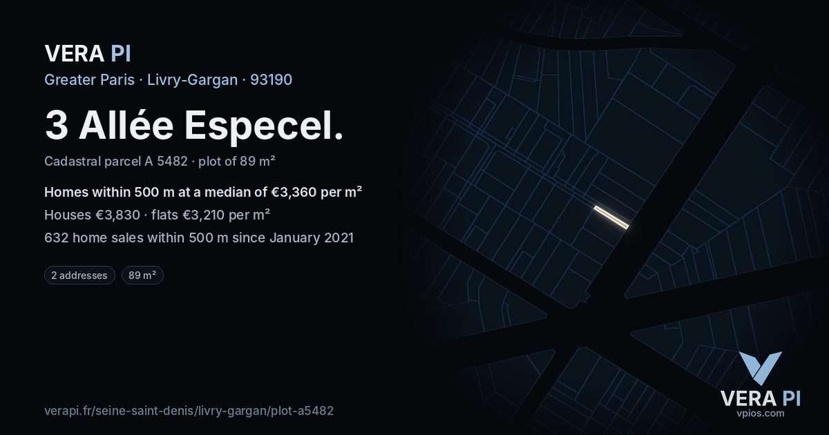 3 Allée Especel, Livry-Gargan at night – the plot lit, the parcels around coloured by the prices near them
