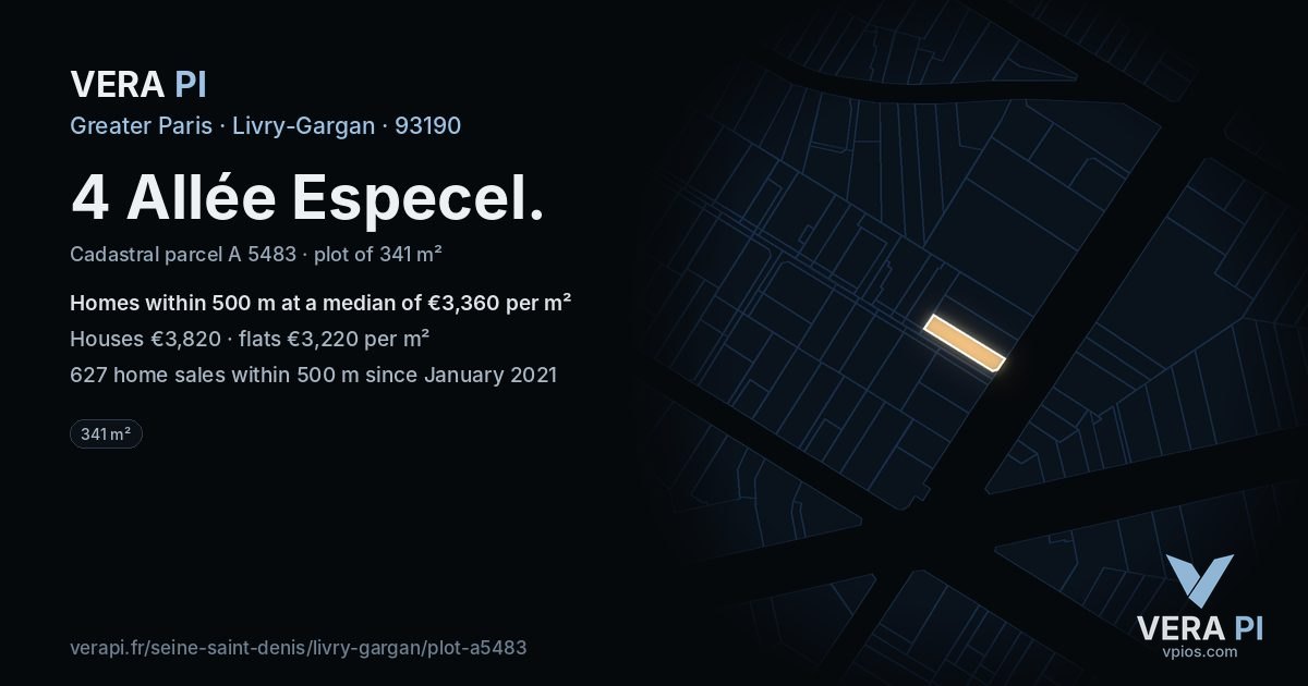 4 Allée Especel, Livry-Gargan at night – the plot lit, the parcels around coloured by the prices near them