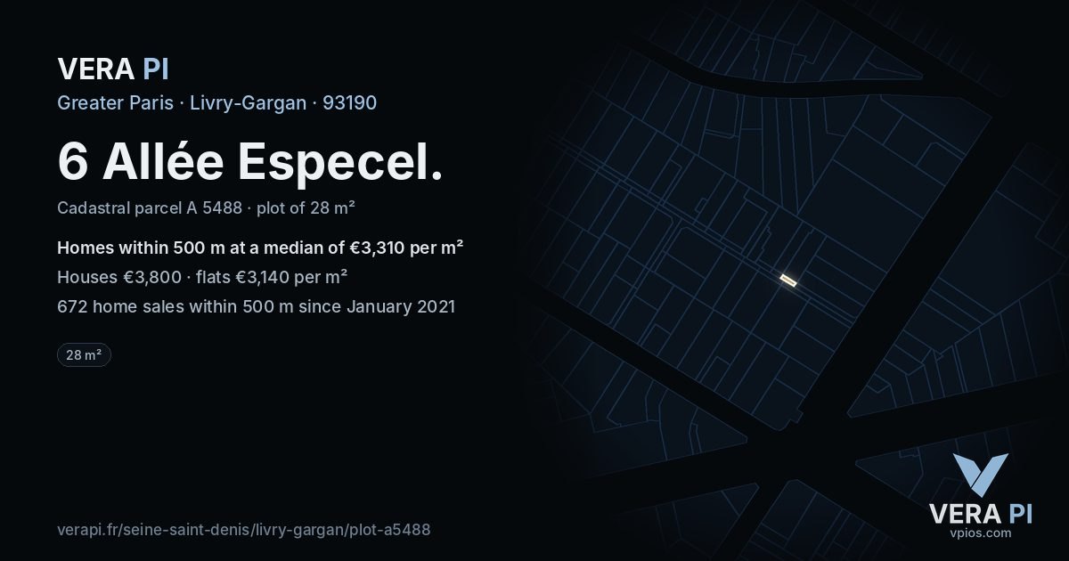 6 Allée Especel, Livry-Gargan at night – the plot lit, the parcels around coloured by the prices near them