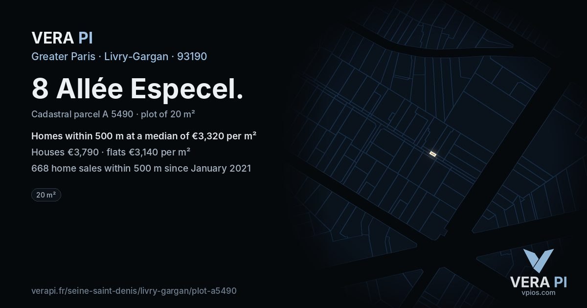 8 Allée Especel, Livry-Gargan at night – the plot lit, the parcels around coloured by the prices near them