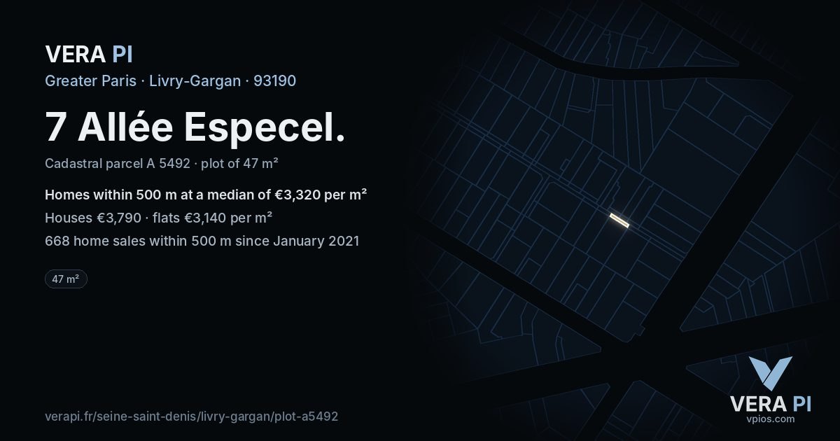 7 Allée Especel, Livry-Gargan at night – the plot lit, the parcels around coloured by the prices near them