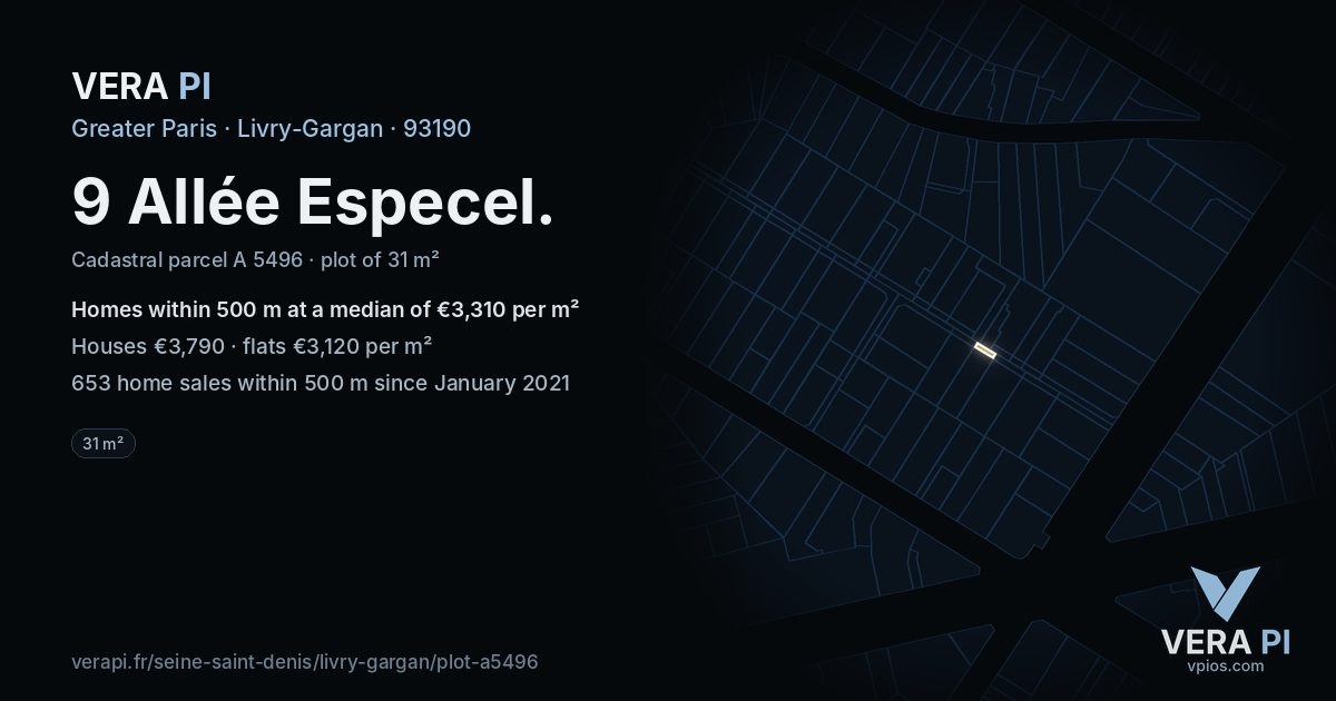 9 Allée Especel, Livry-Gargan at night – the plot lit, the parcels around coloured by the prices near them