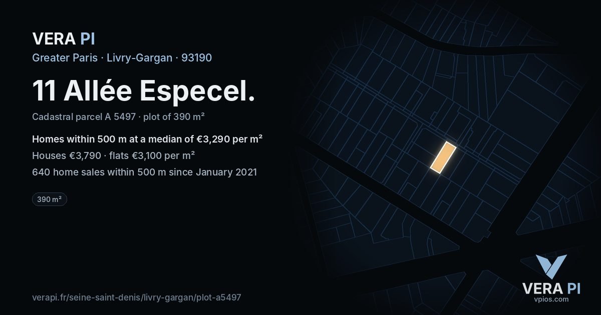 11 Allée Especel, Livry-Gargan at night – the plot lit, the parcels around coloured by the prices near them