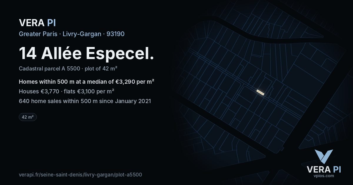 14 Allée Especel, Livry-Gargan at night – the plot lit, the parcels around coloured by the prices near them