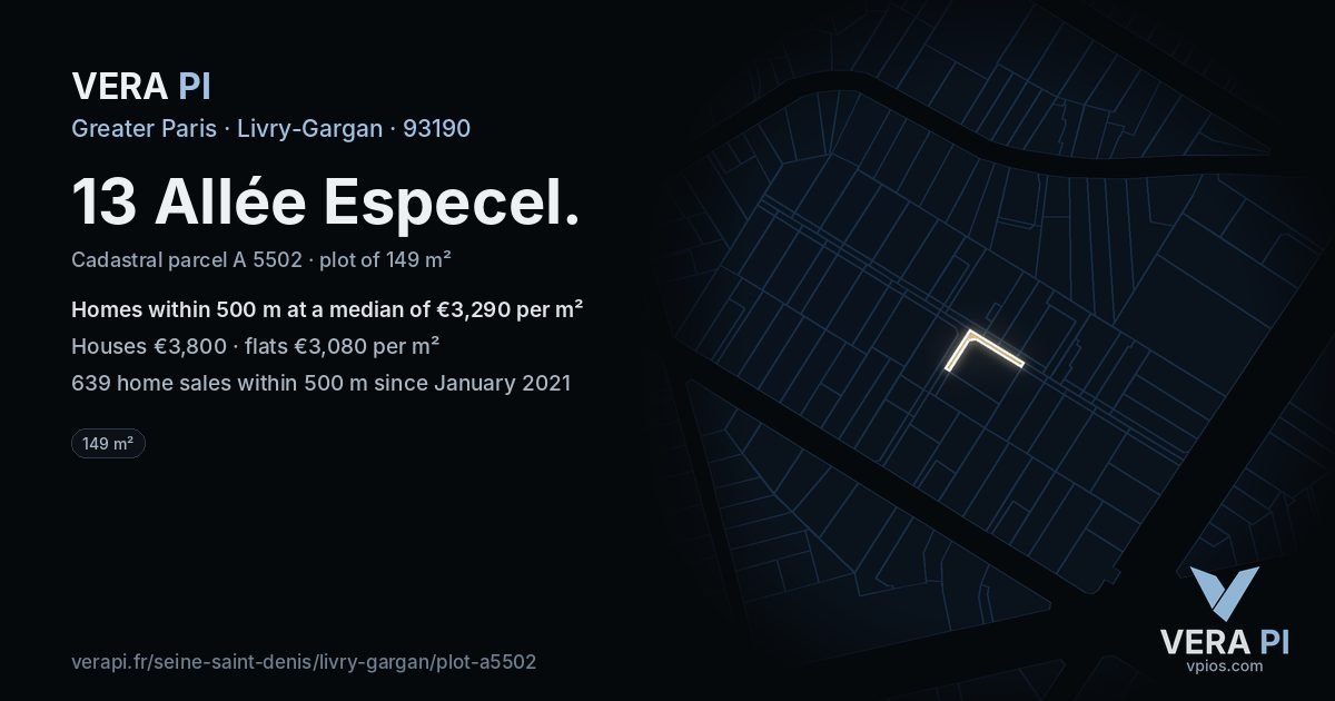 13 Allée Especel, Livry-Gargan at night – the plot lit, the parcels around coloured by the prices near them