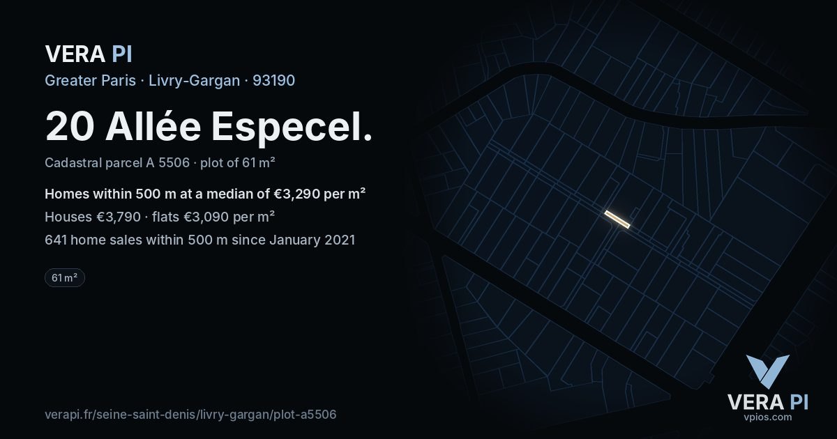 20 Allée Especel, Livry-Gargan at night – the plot lit, the parcels around coloured by the prices near them