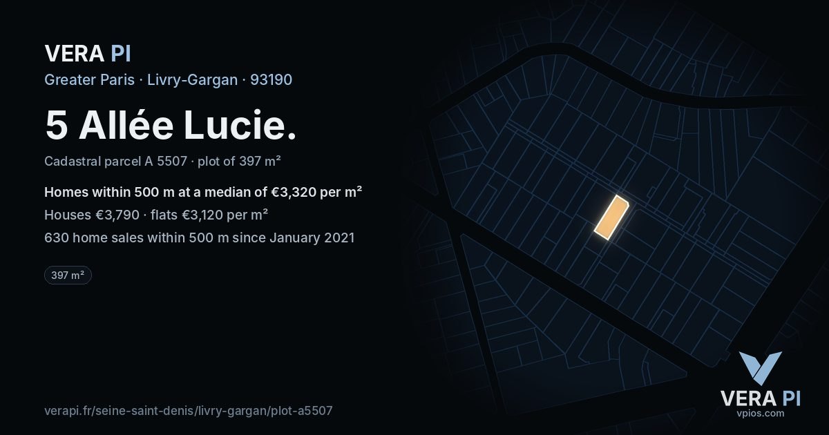 5 Allée Lucie, Livry-Gargan at night – the plot lit, the parcels around coloured by the prices near them