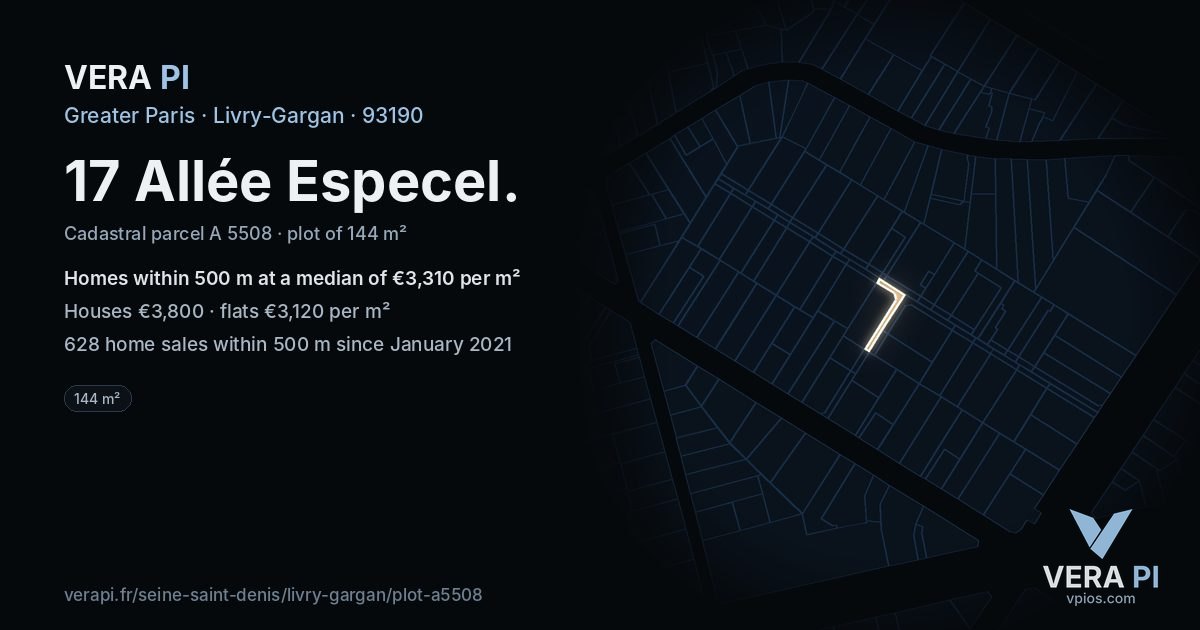 17 Allée Especel, Livry-Gargan at night – the plot lit, the parcels around coloured by the prices near them